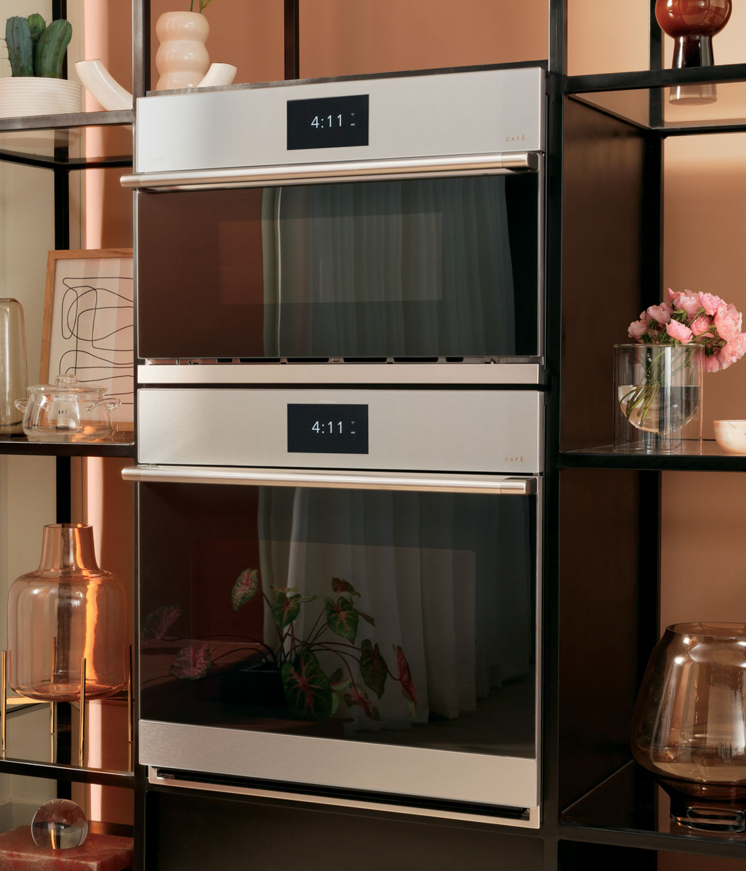 modern glass double wall oven with open shelving