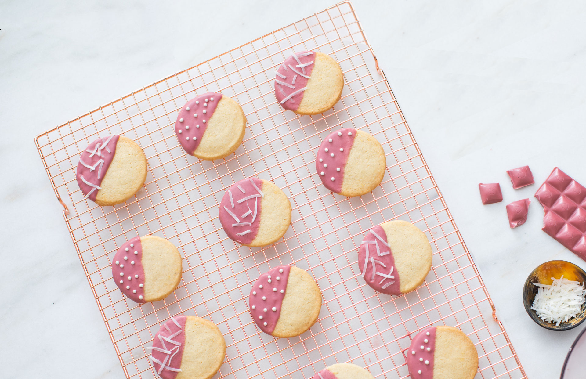 Ruby Chocolate Dipped Shortbread Cookies