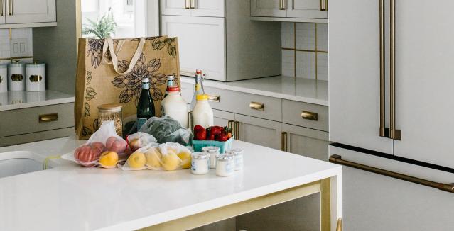 green kitchen tips items on island